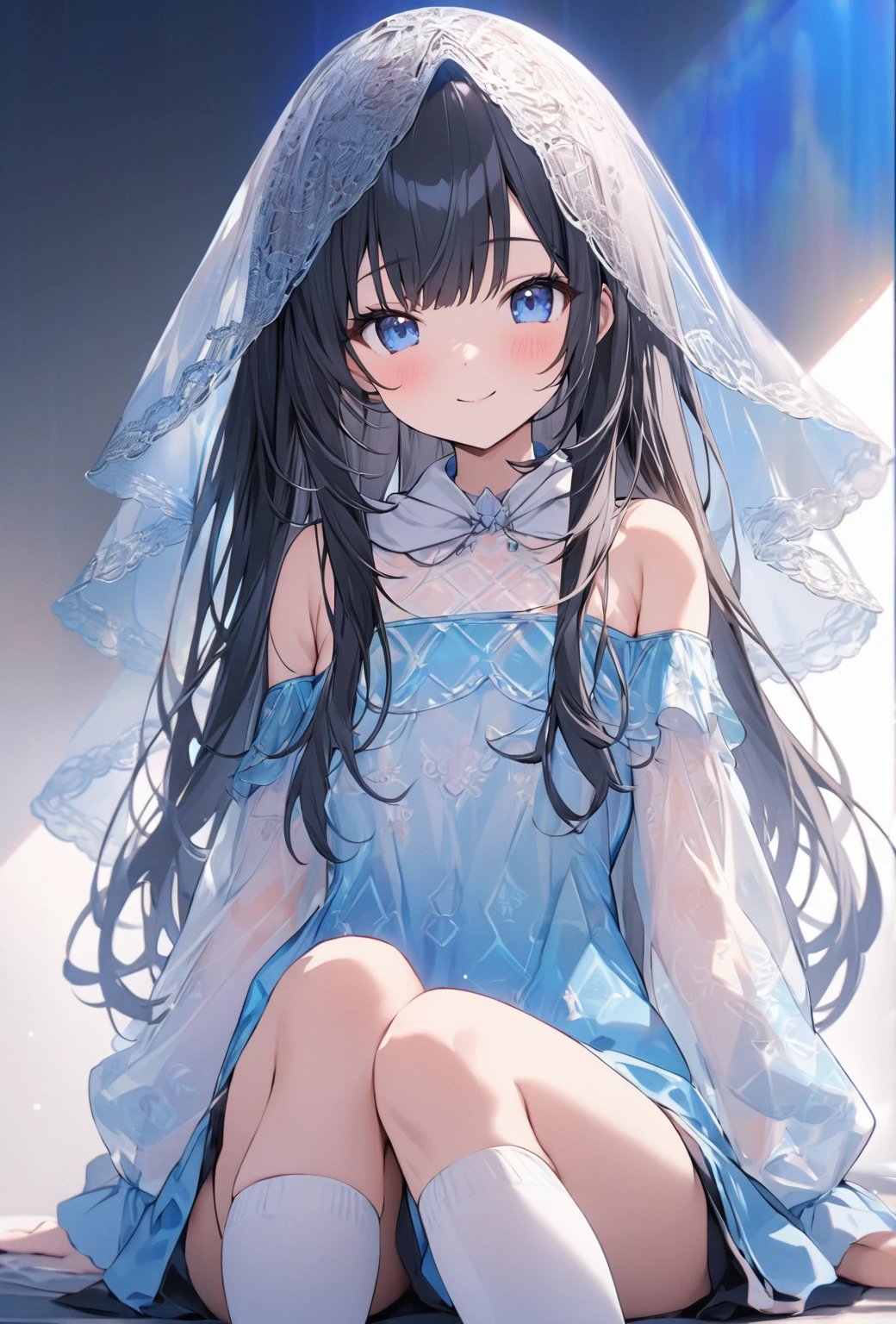 ((Highest quality)), ((masterpiece)), ((Very detailed)), (Very cute),A cool-looking woman with gentle black hair and a height of about 165cm.,A woman with a cute smile wearing a transparent blue waifus with a cute patterned hood and bare shoulders, alone, Cute attitude,(background(bright),Long Hair - Straight,Knee-high socks、A transparent blue veil with a cute pattern and white hood with off-the-shoulder sleeves,White wall、Sitting、Facing the viewer、