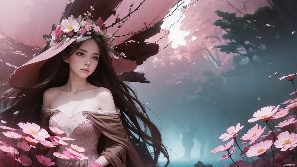 32k, Masterpiece, Highest quality, One girl, Detailed eyes, flower,Sandersonia, Pink and brown style,A dreamy, romantic piece,Pale pink, Mysterious Leaves,A playful arrangement,Fantasy,High Contrast,Ink strokes,explosion,Exposure, Impression of pink and brown tones,Abstract,((Watercolours by John Berkey and Jeremy Mann )) Brush strokes,Negative Space, Tyndall effect,