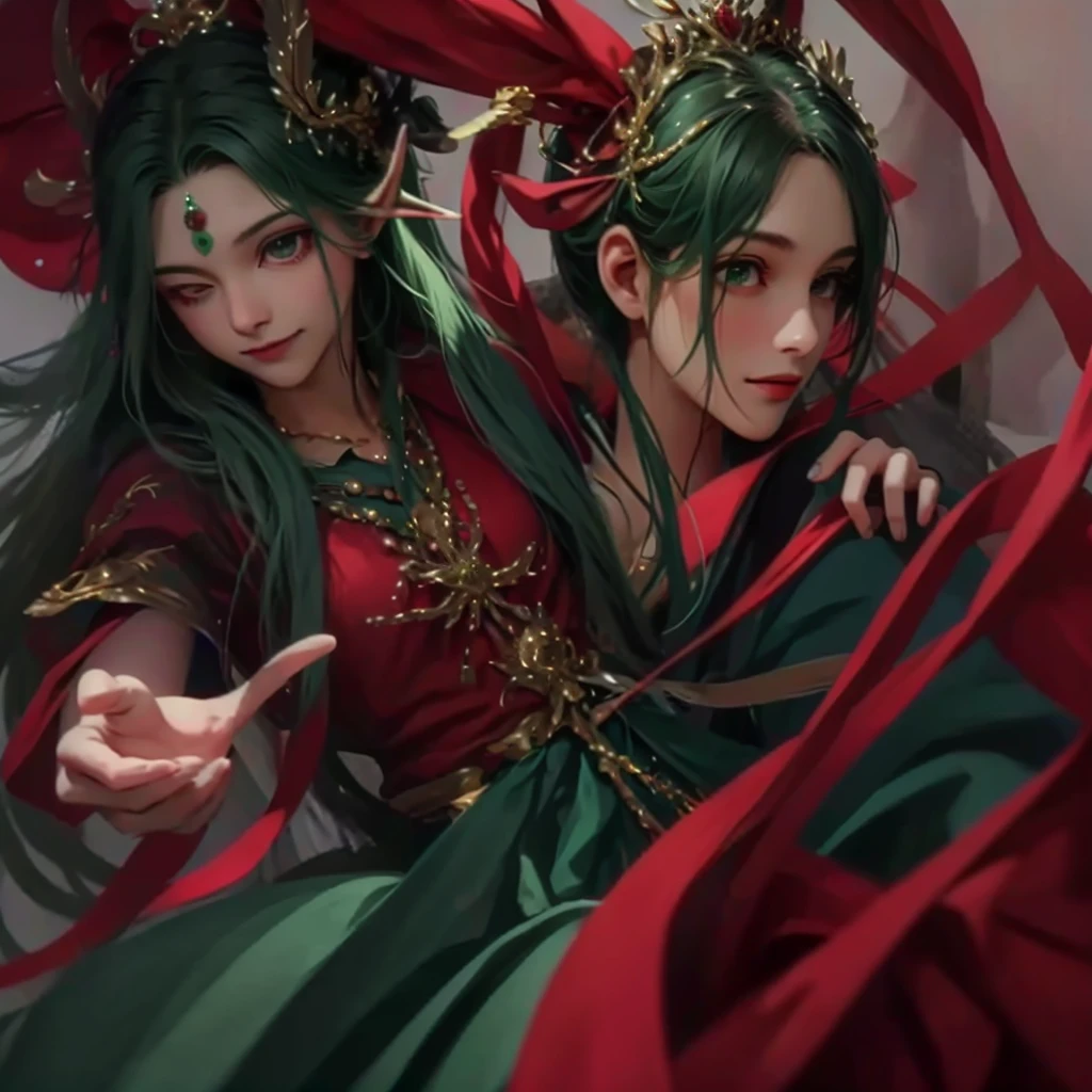 green，red accessories，alone，long hair，Fairy，dignified，Smile，gentle，Princess Pan Technique，ribbon