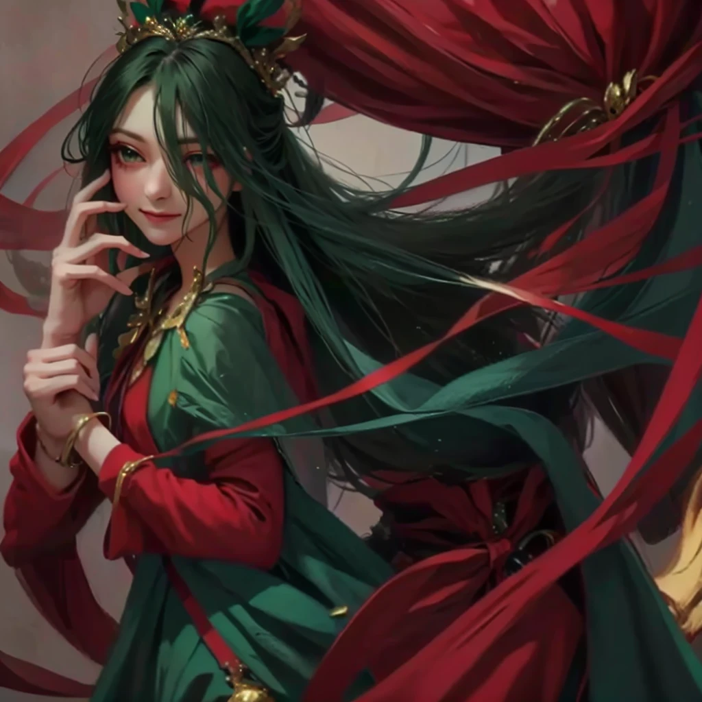 green，red accessories，alone，long hair，Fairy，dignified，Smile，gentle，Princess Pan Technique，ribbon