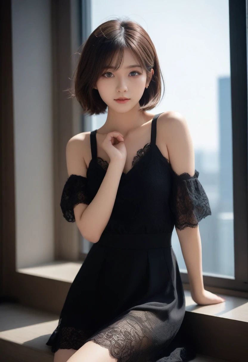 8k, Ultra-high resolution, Highest quality, masterpiece, 三分割法によるphotograph,Surreal, photograph, 1 girl, (16 years old:1.3), pretty girl, Cute face, Beautiful eyes in every detail, 細かくdetailedに,masterpiece,, One Girl:1.2, Japan Female Announcer,whole body, Leaning against the window, Nice views, Standing at the window, Pressed hard against the window, Standing on top of a skyscraper, Near the window, With your back to the window, Arms stretched out, Amazing View ,View from the side, Black high heels, Black lace underwear, A faint smile, Messy hairstyle,Short Bob,Looking at the audience、beauty,Long neck、Laugh a little、Please close your mouth and laugh、(((Ideal body type))),A-cup small breasts :2,、Portraiture:2、Perfect Anatomy、鮮明なdetailed、detailed、Surreal、Light and shadow,Strong light