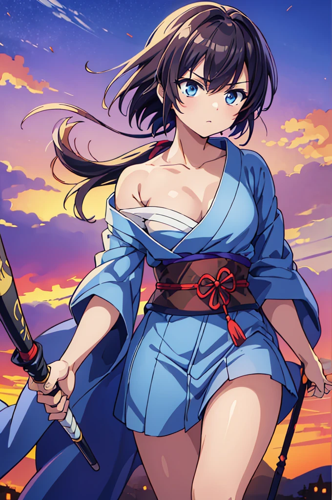 Highest quality, masterpiece, High resolution, alone, (Rurouni Kenshin: Saito Hajime),(Glaring Eyes),roar,(spear) ,Spear Thrust,kimono,(Spear pose),(Jinhaori),Evening sky_background,Young Girl,Anime Style, Highest quality, 4k, masterpiece,, alone, 1,whole body,looking at the camera, Shinkai Makoto style, (Skin color_coat)Sharp Eyes,Low posture,((spear‗pose)) ,(Full Finger), (Accurate fingertips), (The finer details), (Anatomically correct), (映画のbackground), Hyper Detail, (Subtle details), (Intricate details),