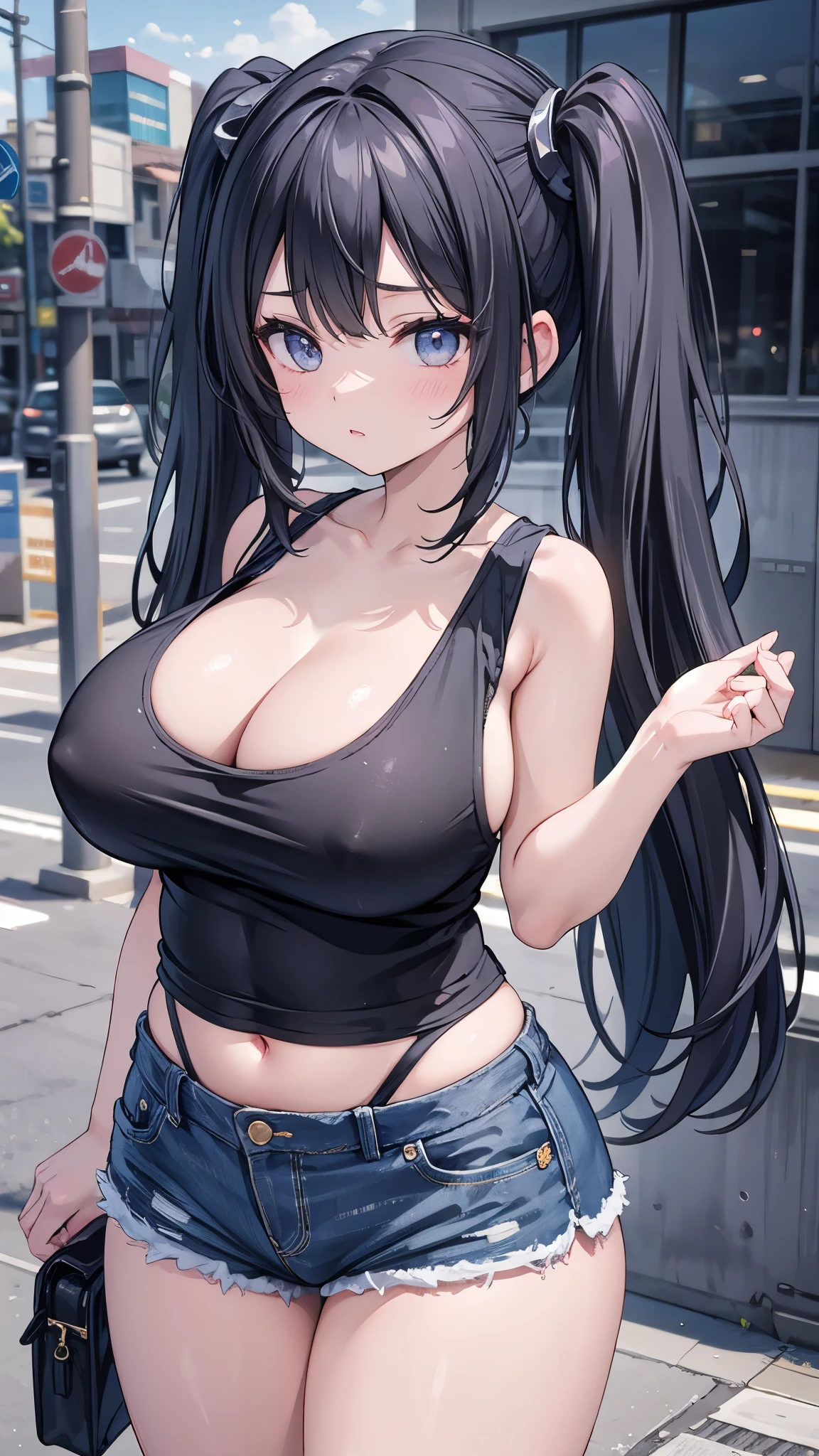 One girl, alone, Are standing, Black Hair, Twin tails,(((Very big and juicy breasts))),(((Black tank top))), Cleavage,((Sexy older sister)), Cowboy Shot,black eye,Sexy Body,Outdoor, Street view, Cityscape,Underbust,((Plump thighs)), ((Denim shorts))