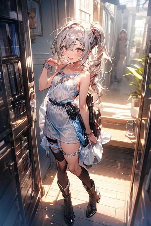 (small breasts:1.2), (perky chest:1.2), (pointed chest:1.2), (Pudding cake magazine cover:1.3),(from above:1.0),(shoot from the side:1.1),masterpiece, 1girl, Amazing Cleavage:1.1, thin waist, optimum,tmasterpiece,hight resolution,best qualtiy,hyper HD,super detailing,awardwinning,a 18yo cute girl,(The upper part of the body),anatomy correct,Beautiful Black miniskirt,garters,Gaze,Small face,bangss,holster,Beautuful Women,hands up,leg holster,Gaze,black boots,Cowboy Shot,cute face,a blond,Longhaire,Twin-tailed,Braids, Hairline,(scarlet eyes),long eyelasher,Hanging eye corners,White skin of the, ((see through camisole:1.1)), ((Sheer nipples:1.0)),Rocket Tits,(Slim body),smile,seductive weak smiling,(with sparkling eyes and a contagious smile),little open mouth, Looking at Viewer,