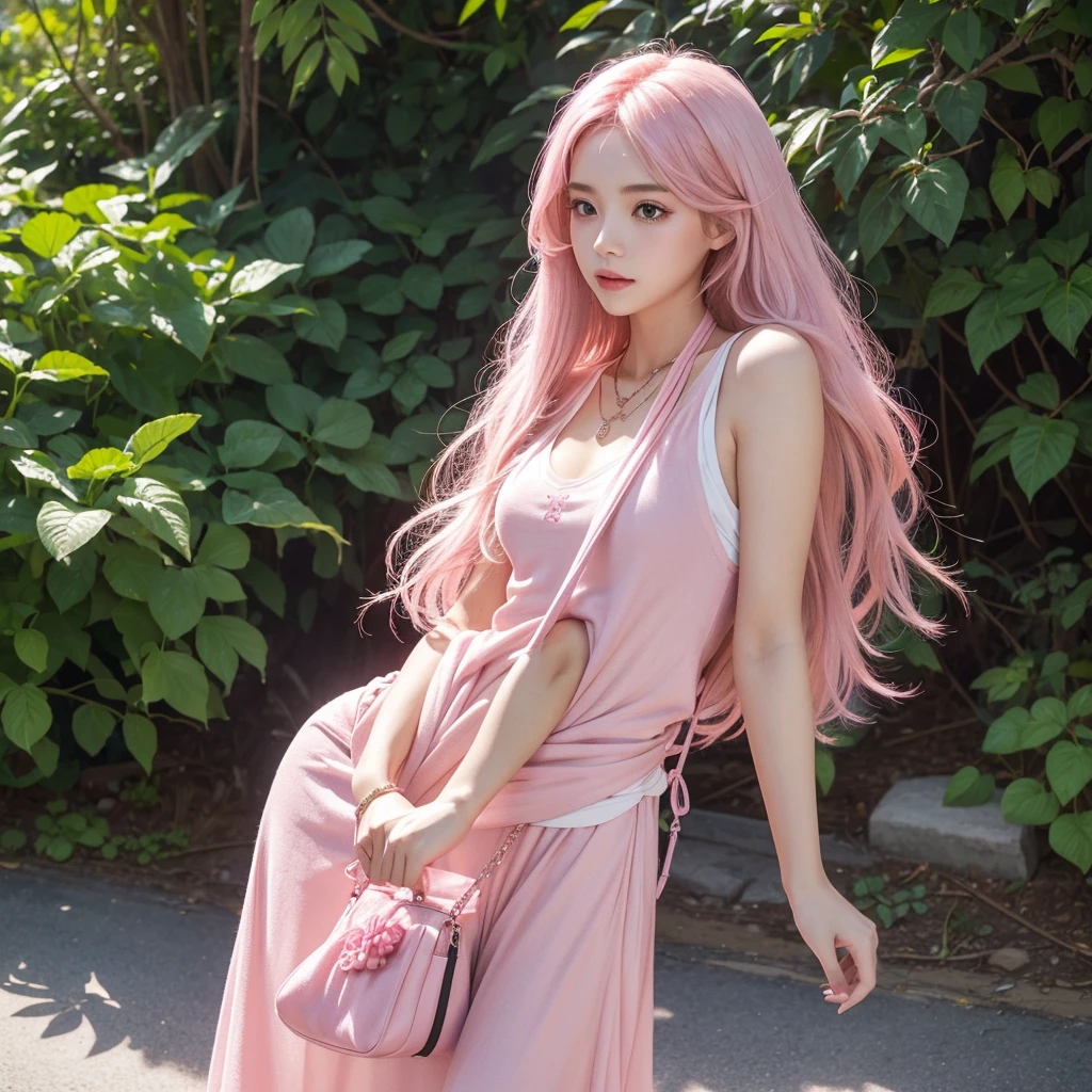 One girl, has long and straight  pink hair and a pink necklace, pink clothes and carries a sling bag, and white skin 