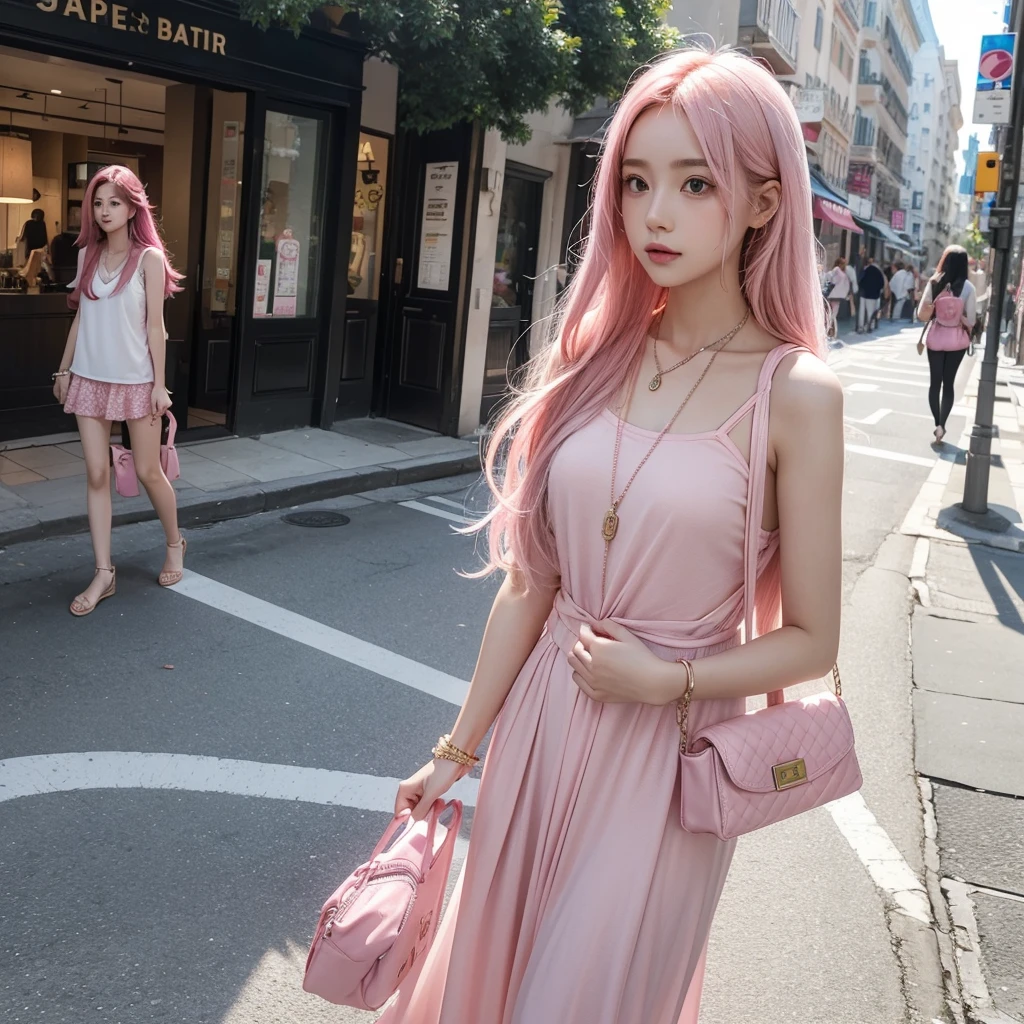 One girl, has long and straight  pink hair and a pink necklace, pink clothes and carries a sling bag, and white skin 
