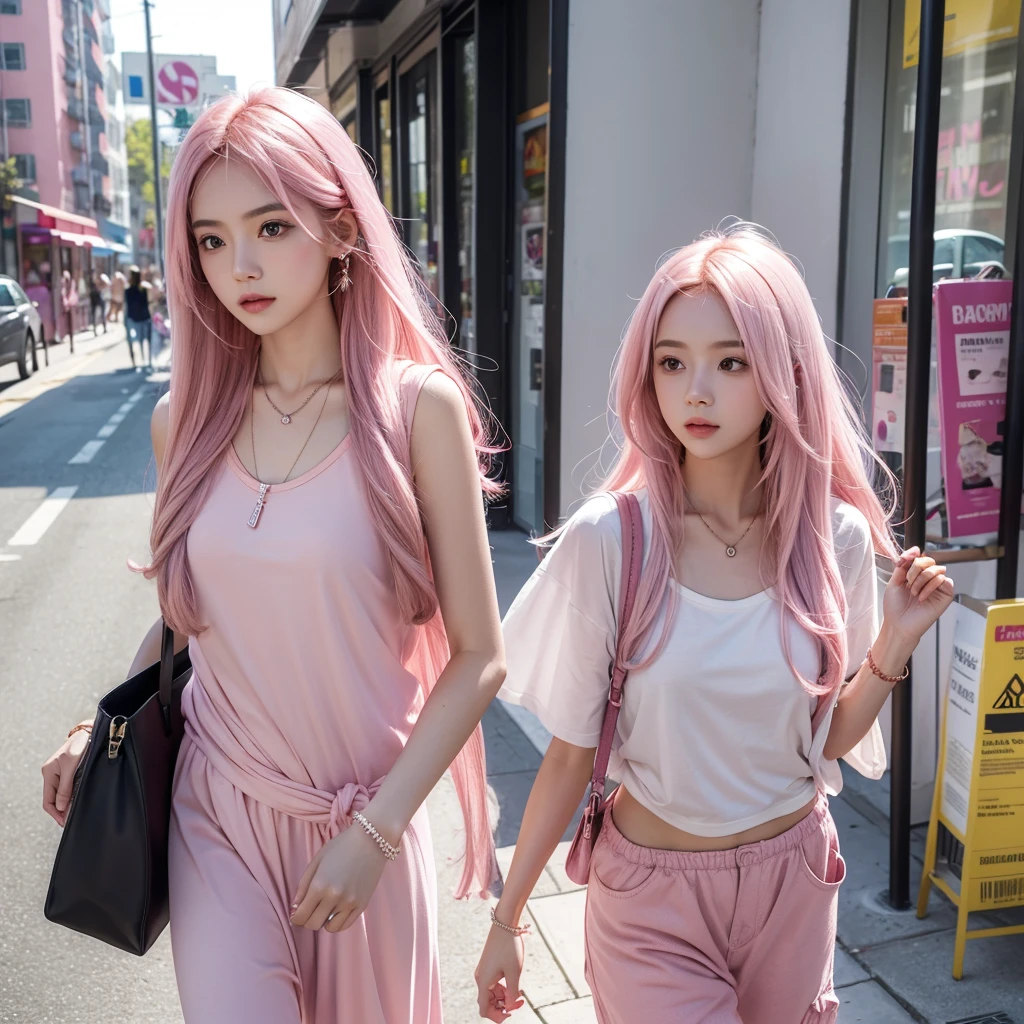 One girl, has long and straight pink hair and a pink necklace, pink clothes and carries a sling bag, and white skin