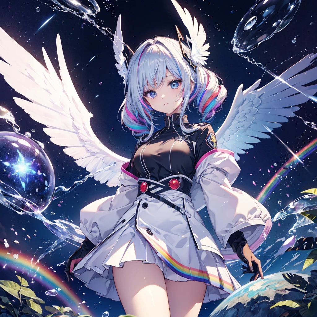 ((Archangel Fantasy Rainbow Hair Make your hair rainbow-colored on the inside Please make your hairstyle into a twin drill. Rainbow Eyes starの虹彩 Has a shiny ball uniform Put on a coat without putting your arms through it Wings many times larger than mine rainbow gradient feathers Lonely Smiling Kindly Left facing)) ((tears gloves)) (Broken glass Rolling Pebbles Distorted Space-Time star) Catch the wind milky way Shining Background Particles of light, rainbow colored edges Shining Edge star