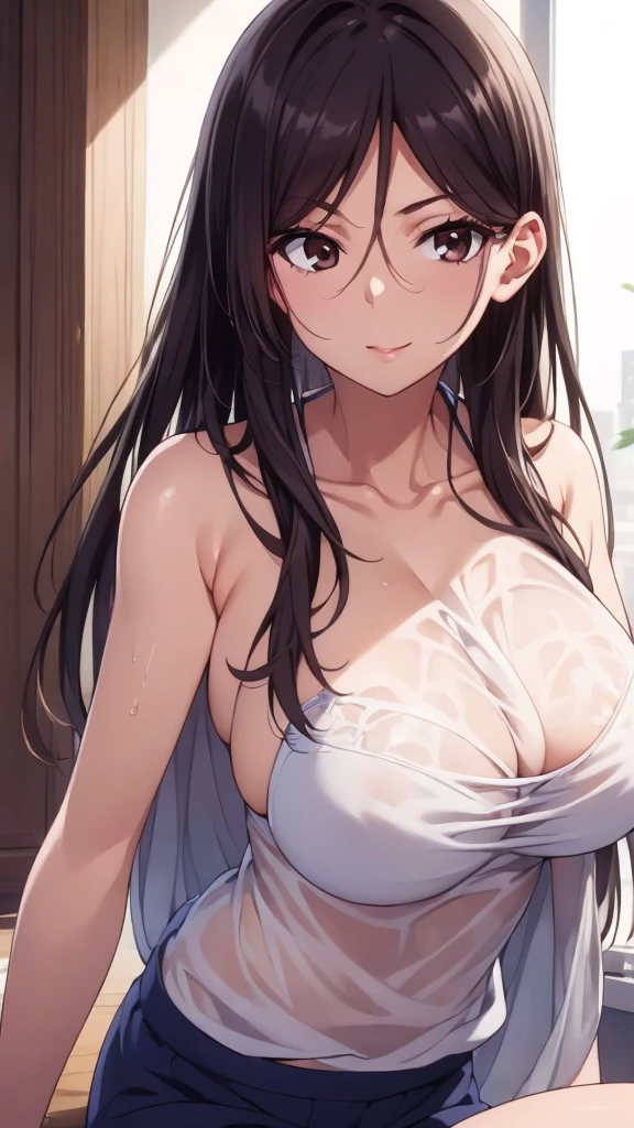 (Upper Body),alone,Medium Shot,(masterpiece:1.4),anime,Portraiture, 8k,Realistic, Elegant mature woman, Brown eyes, (Black Hair:1.4), smile,Big Breasts,(Transparent camisole:1.4),wet cloth,Long Straight Hair, Beautiful breasts,(See-through nipples:1.3), 4K resolution, High quality CG, Beautiful CG, Soft Light