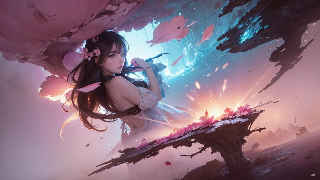32k, Masterpiece, Highest quality, One girl, Detailed eyes, flower,Sandersonia, Pink and brown style,A dreamy, romantic piece,Pale pink, Mysterious Leaves,A playful arrangement,Fantasy,High Contrast,Ink strokes,explosion,Exposure, Impression of pink and brown tones,Abstract,((Watercolours by John Berkey and Jeremy Mann )) Brush strokes,Negative Space, Tyndall effect,