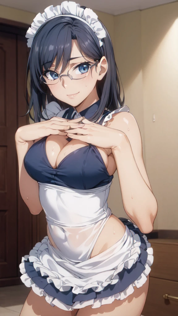 One girl,18-year-old,(Perfect hands:1.3), Perfect Fingers,Perfect Anatomy, (masterpiece), highest quality,Realistic, hyperRealistic, 16K HDR,, morning, short hair,(Beautiful female hands:1.3),Smaller hands,(Thin fingers:1.3), Navy Blue Hair, blue eyes, Glasses,gl is es, ,Cafe,Are standing,(Sweat:1.3),(Smile:1.2),Big Breasts,Cleavage,(skirt lift up by self:1.5),(Showing panties),(Sexy maid outfit,Headdress:1.2),Ultra mini skirt,Sexy maid outfit,