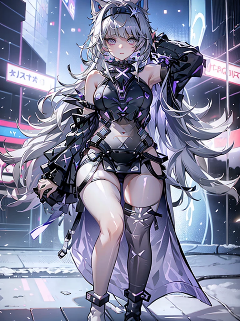 1 girl, alone, breast, looking at the audience, short hair, skirt, large breast, Keep, permanent, purple eyes, gray hair, Headband, boots, miniskirt, armpit, official alternate costume, crop top, perspective, Lower chest, white footwear, permanent on one leg, Cheerleading, Pom Pom \(Cheerleading\), Keep Pom Poms, stadium, Steamed bun \(Azure Lane\)