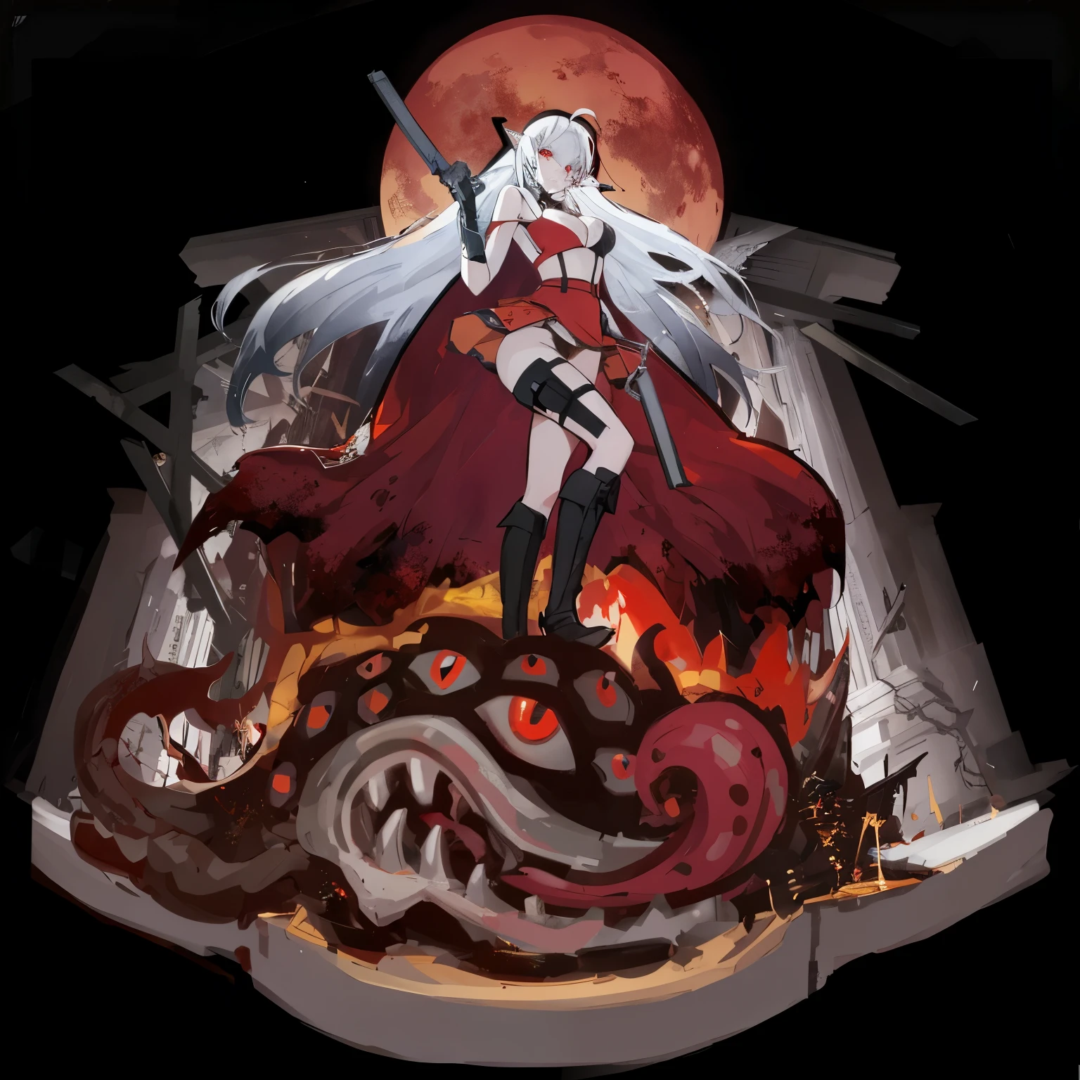 (vampire),Holding two guns in hand,Red miniskirt,Black boots,Holster on the leg,Beautiful face,Red eyes,Trampling the Devil,There are demons and branches on the ground,Upper Body,Pale skin,Stunning facial features,Red Eyes,(Sad and cold eyes),There are two long fangs on it,FOG,Silver short hair,blood stains at the corners of the mouth,brutal,The blood he just absorbed was flowing from the corners of his mouth..,Wear a red jacket,,night,Under the full moon,Dramatic pose, Dark and strange background,Horrible atmosphere,Gothic style,Gothic art,best quality,Highest quality,Masterpiece,8K,