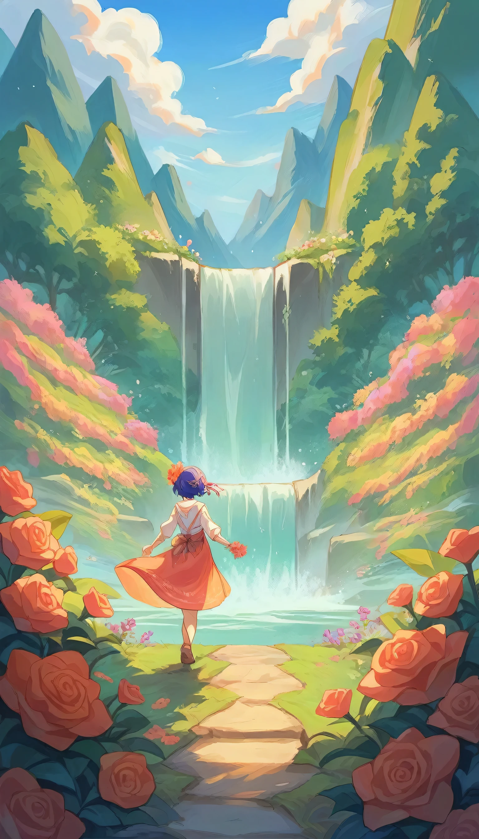 There is a woman walking in a beautiful flower garden with colorful flowers, the surrounding landscape is full of mountains. And there is also a waterfall. Apsara scene