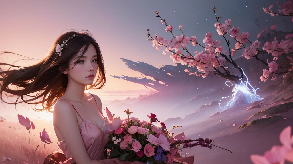 32k, Masterpiece, Highest quality, One girl, Detailed eyes, flower,Sandersonia, Pink and brown style,A dreamy, romantic piece,Pale pink, Mysterious Leaves,A playful arrangement,Fantasy,High Contrast,Ink strokes,explosion,Exposure, Impression of pink and brown tones,Abstract,((Watercolours by John Berkey and Jeremy Mann )) Brush strokes,Negative Space, Tyndall effect,