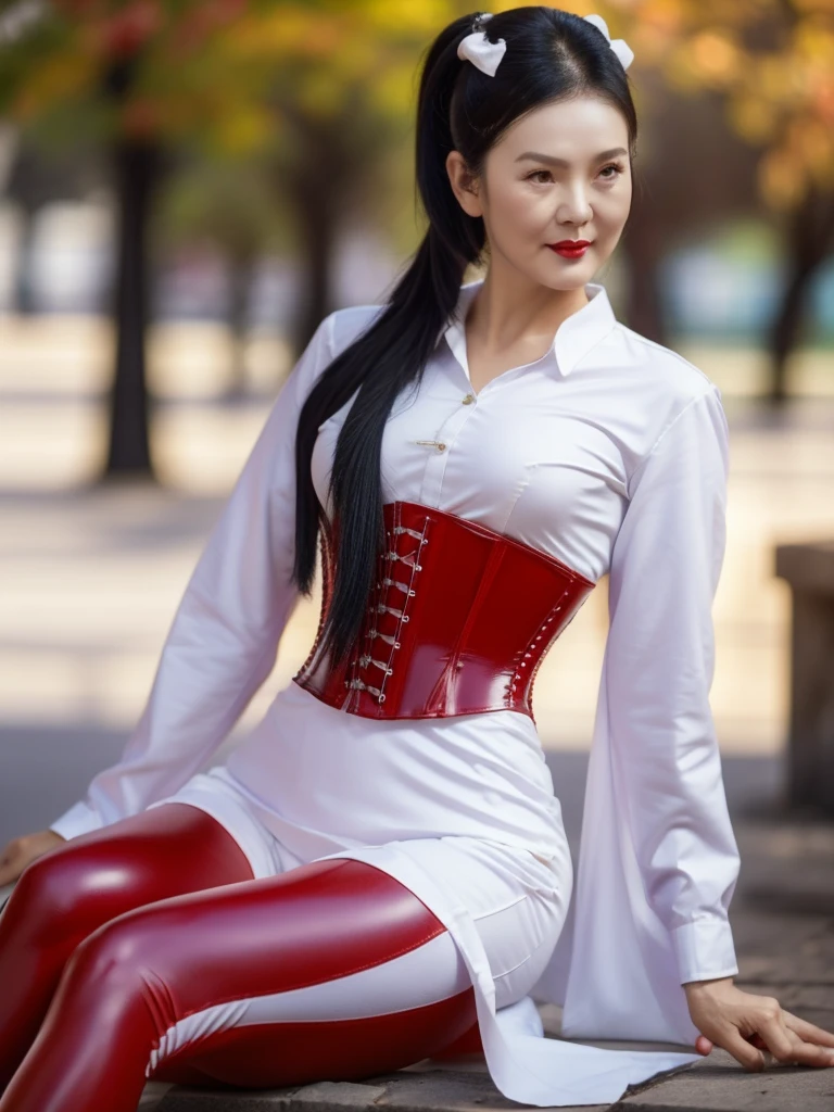 ((best quality)), ((Masterpiece)), (4k details), photorealism, full body, (((Old Asian woman))), ((Age 70)), Plump body, tight red latex leggings, white cotton dress shirt, purple leather waist corset, Big muscles, Twintail hairstyle, Eyes on the camera, red lips"