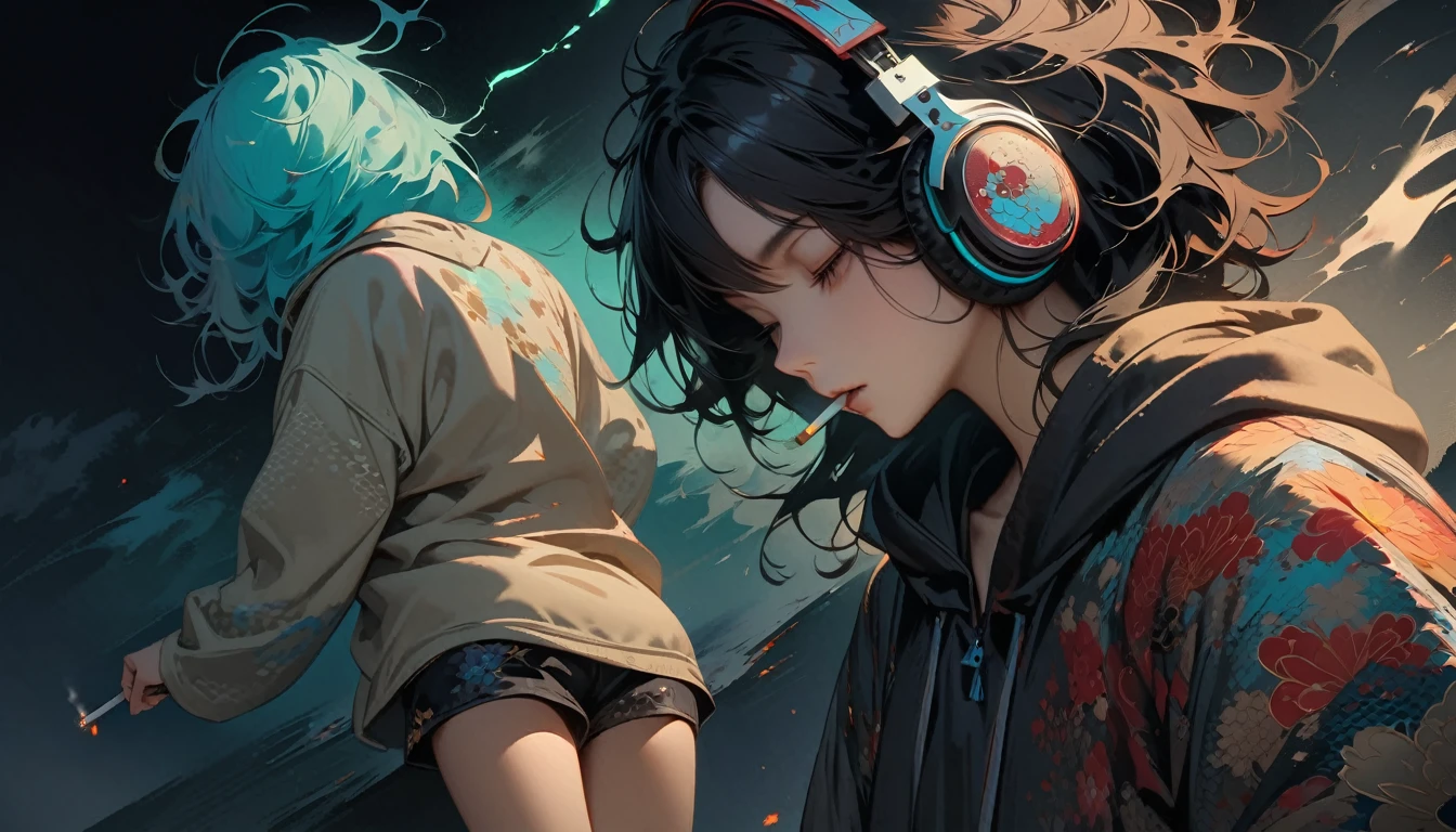 (((from behind))), ((8k of extremely detailed CG unit, Masterpiece, high resolution, highest quality, highest quality real texture skin)), (wearing Japanese pattern headphones), ((1 girl)), (((A cigarette glows in the darkness))),  (Japanese pattern hoodie, Japanese-style shorts), (Black hair, messy hair, beige skin), (Surreal, digital painting), Midnight