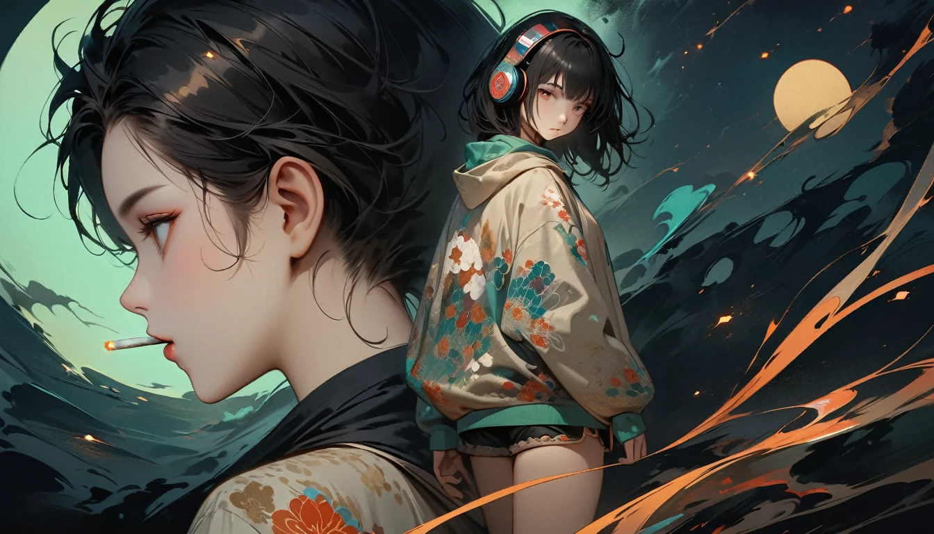 (((from behind))), ((8k of extremely detailed CG unit, Masterpiece, high resolution, highest quality, highest quality real texture skin)), (wearing Japanese pattern headphones), ((1 girl)), (((A cigarette glows in the darkness))), (Japanese pattern hoodie, Japanese-style shorts), (Black hair, messy hair, beige skin), (Surreal, digital painting), Midnight
