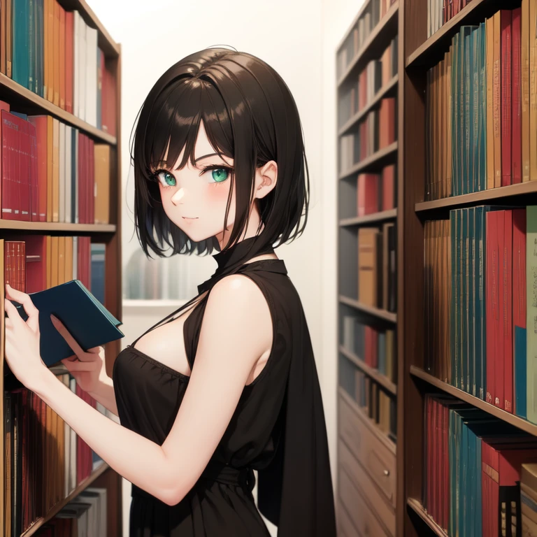 Masterpiece, best quality, high quality, 1girl, has short balck hair, green eyes, best eyes, wears , read one book, standing in the library