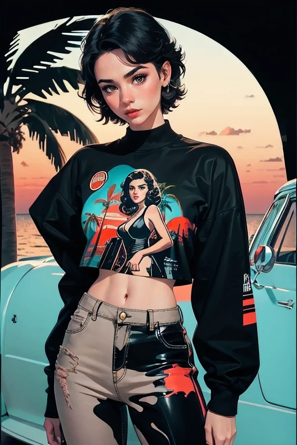 retro girl, Miami, sunset, Ferrari, palm tree, 90's, (flat colors, flat texture, lineart:1.2), graphical design, (heavy ink, ink blacks),