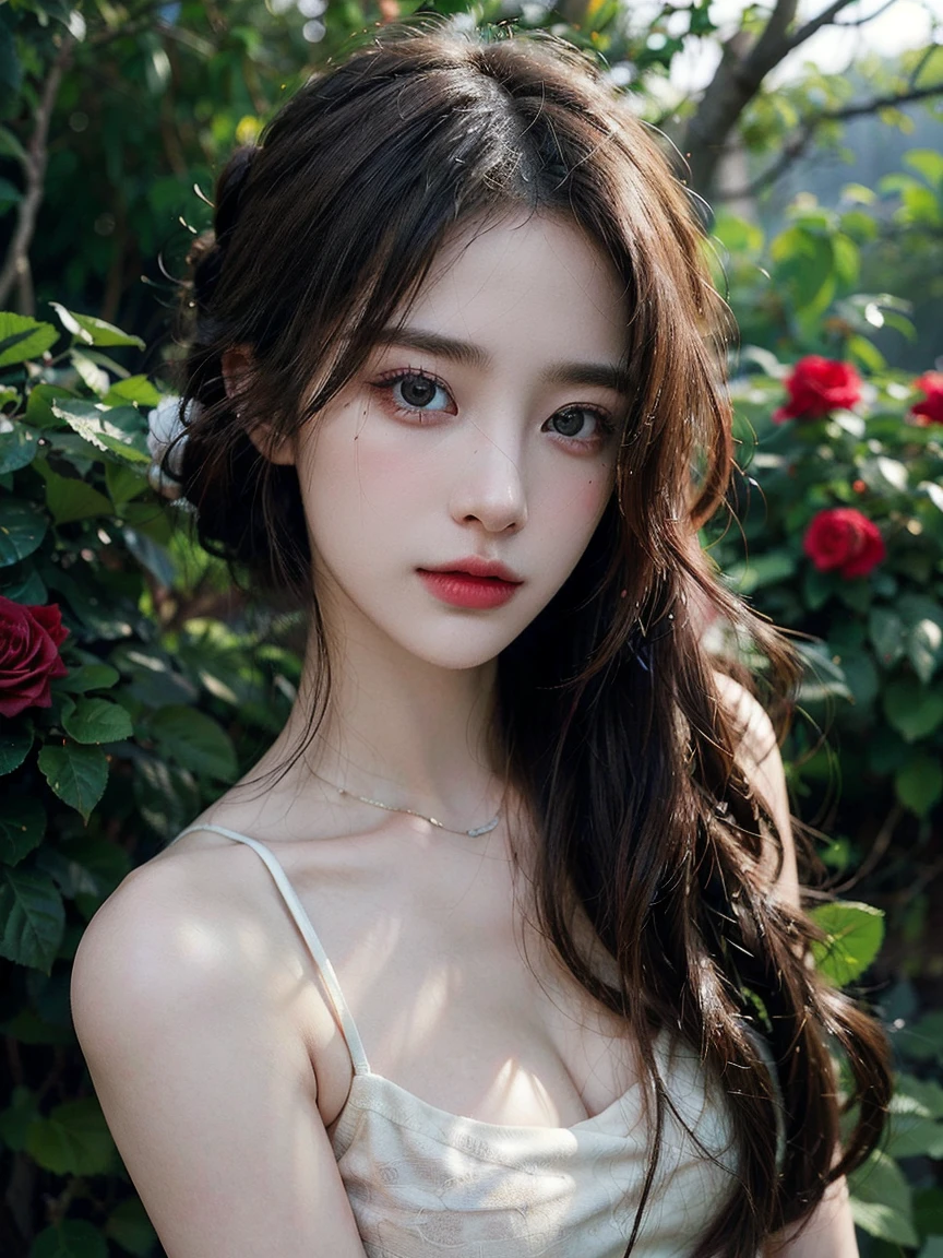 1girl, (looking at viewer:1.2), detail face, (a girl standing, rending on cgsociety, Rose bush backdrop), romanticism, atmospheric, (RAW photo, best quality), (realistic, photo-realistic:1.3), masterpiece, an extremely delicate and beautiful, extremely detailed, D cup,Cleavage,Translucent brown tube top 1.5)Hair in a bun,Exquisite eye details,