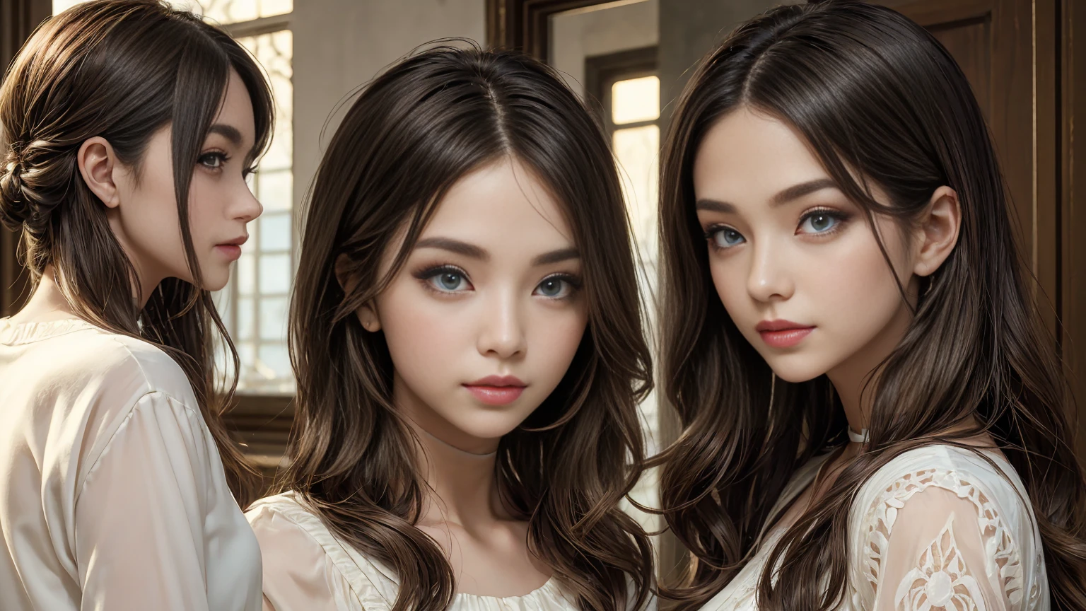 25-year-old Caucasian woman、brunette、blue eyes、long hair、my hair is wavy、I'm wearing eyeshadow and lipstick、accessories on the wrist、wearing a choker、shiny skin、setting hair、smile、slim muscular body、I don't want my head to disappear from the screen.、wearing high heels、She is wearing an off-shoulder dress with a wide open neckline.、In the gardens of the Palace of Versailles