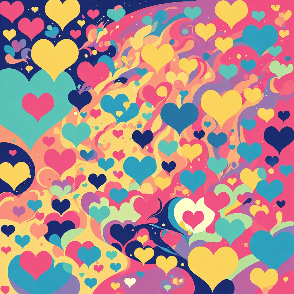 Takashi Murakami style, Simple Line Initialism，Abstract art，Urban Background, colorful hearts ,No people
