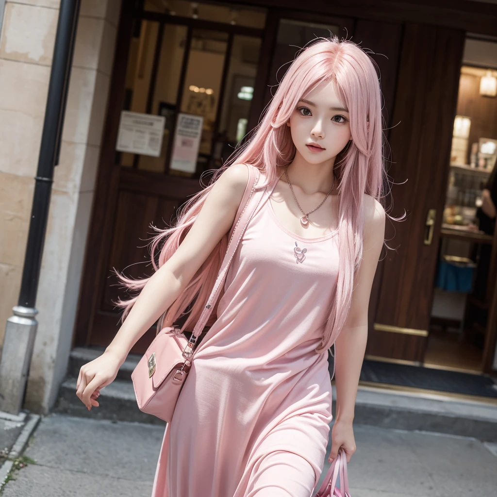 One girl, has long and straight pink hair and a pink necklace, pink clothes and carries a sling bag, and white skin