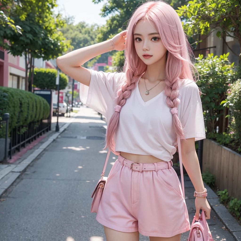 One girl, has long and straight pink hair and a pink necklace, pink clothes and carries a sling bag, and white skin