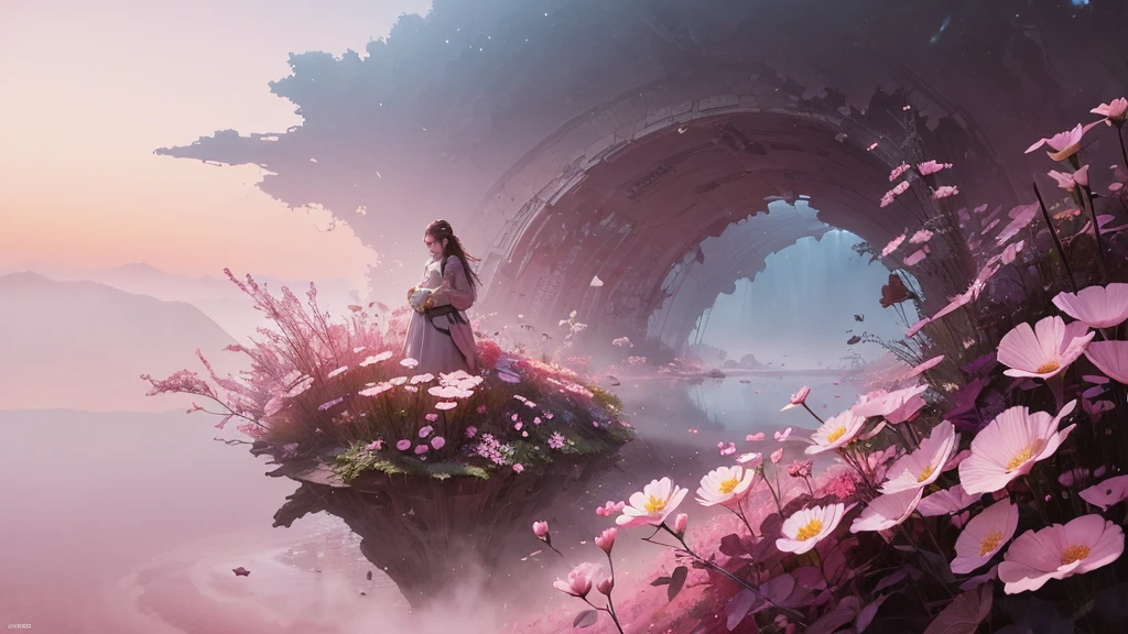 32k, Masterpiece, Highest quality, One girl, Detailed eyes, flower,Sandersonia, Pink and brown style,A dreamy, romantic piece,Pale pink, Mysterious Leaves,A playful arrangement,Fantasy,High Contrast,Ink strokes,explosion,Exposure, Impression of pink and brown tones,Abstract,((Watercolours by John Berkey and Jeremy Mann )) Brush strokes,Negative Space, Tyndall effect,