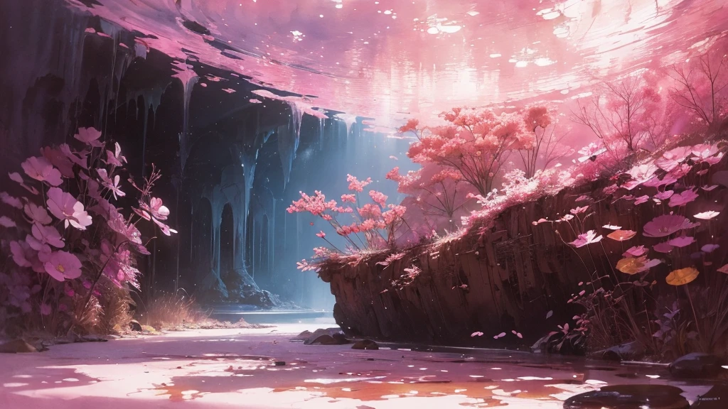 32k, Masterpiece, Highest quality, One girl, Detailed eyes, flower,Sandersonia, Pink and brown style,A dreamy, romantic piece,Pale pink, Mysterious Leaves,A playful arrangement,Fantasy,High Contrast,Ink strokes,explosion,Exposure, Impression of pink and brown tones,Abstract,((Watercolours by John Berkey and Jeremy Mann )) Brush strokes,Negative Space, Tyndall effect,