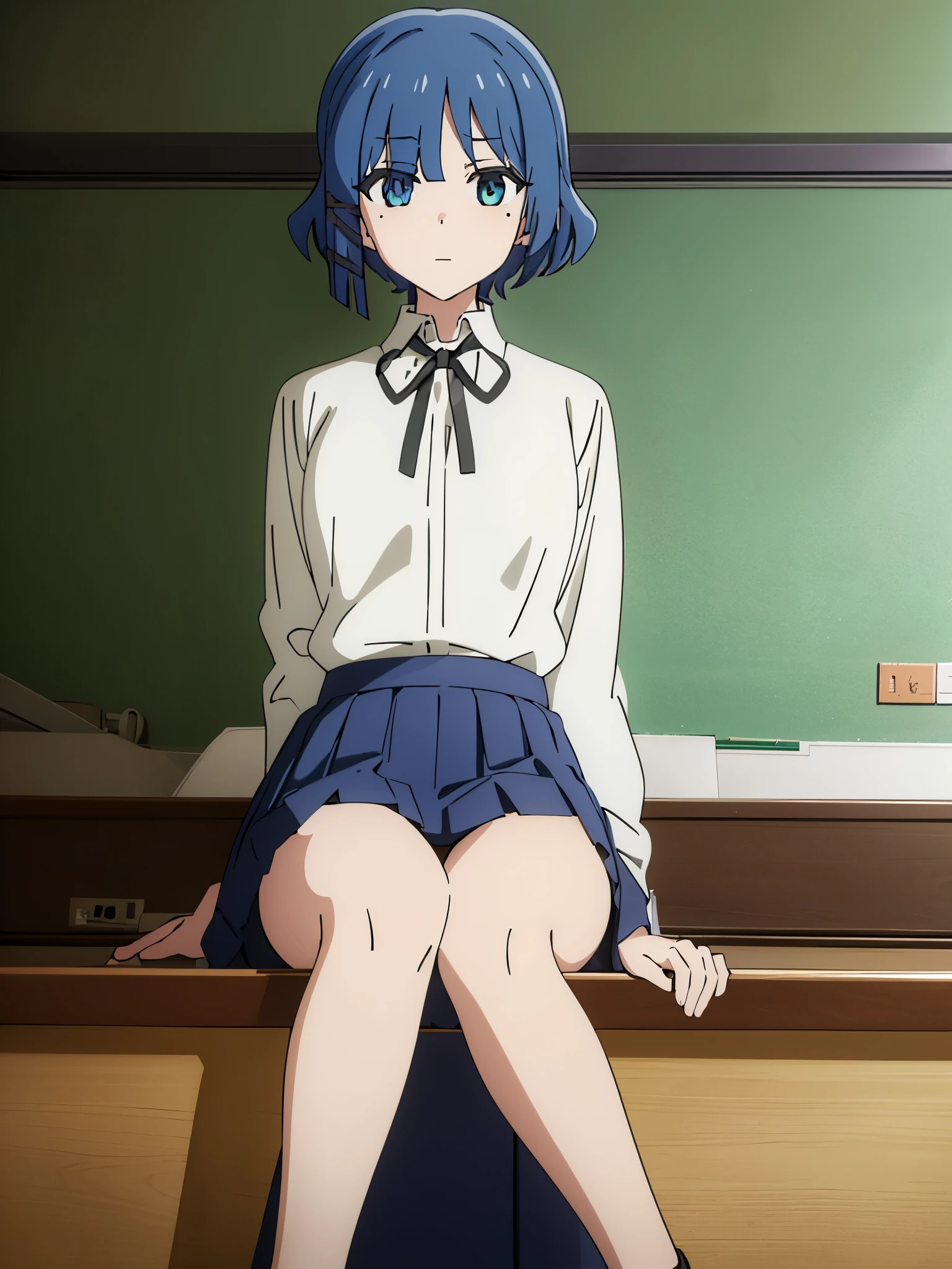  1girl, solo, high_quality, 8k, masterpiece, defined_pupil, vivid_colors, (high_quality_eyes:1.1), 

(classroom_background:1.2), bookshelf,

looking_at_viewer, (sitting:1.2), 

blushed, happy, closed_mouth,

(white_collared_shirt:1.3), (blue_skirt:1.2), (black_neck_ribbon:1.2),

thighs, defined_ass,

(medium_breasts:1.3), perfect_breasts, sexy_body, hairclip, mole, mole_under_eye, short_hair, bangs, blue_hair, 