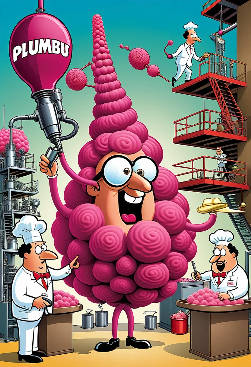 Plumbus Production Description: The Plumbus manufacturing process, with every step detailed in a series of humorous vignettes.
    Detalhes: Each step of the process is represented in a caricatured and absurd way, com legendas explicando os passos estranhos. The background has a technical diagram style, adding a scientific touch to the humor.
