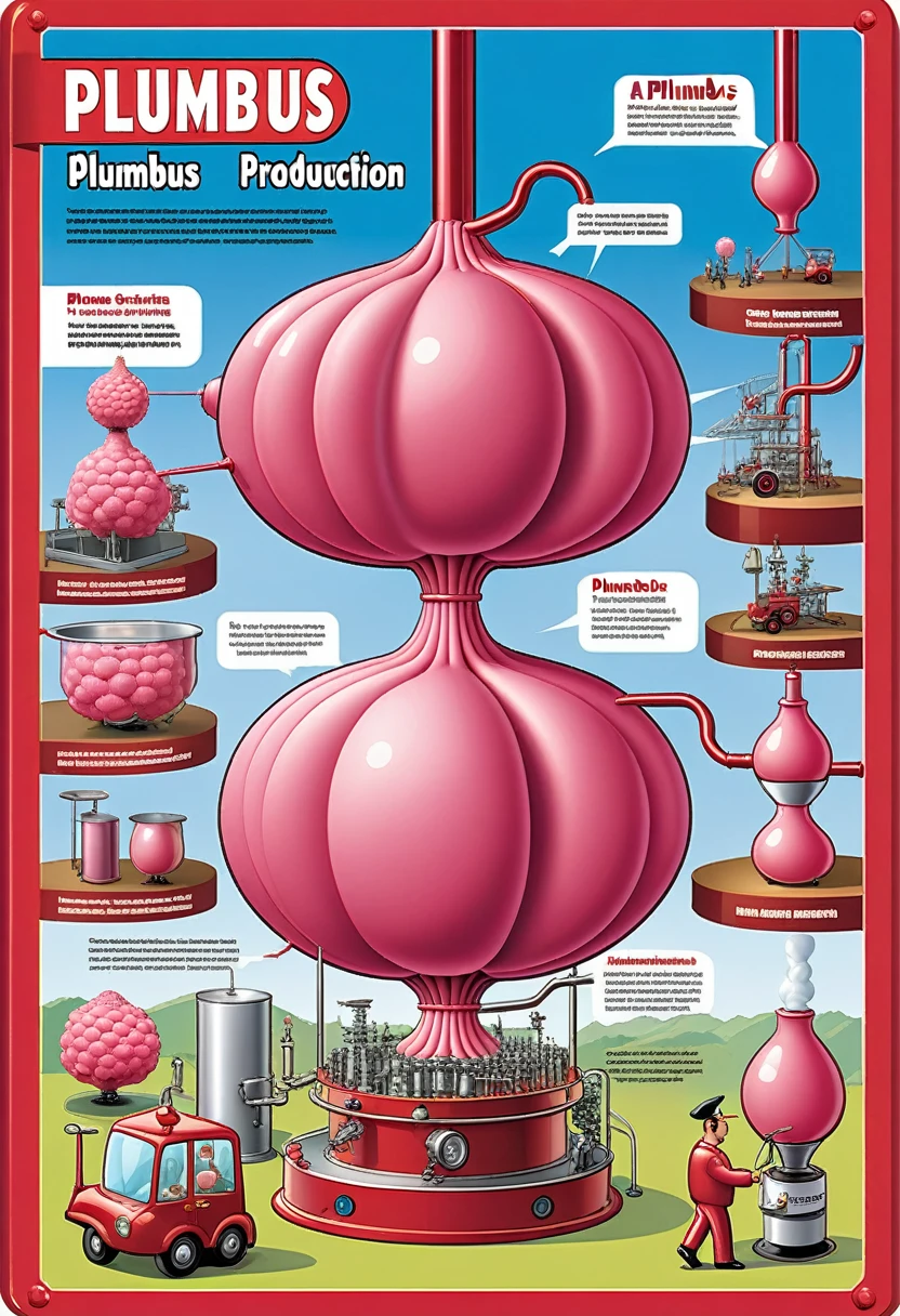 Plumbus Production Description: The Plumbus manufacturing process, with every step detailed in a series of humorous vignettes.
Detalhes: Each step of the process is represented in a caricatured and absurd way, com legendas explicando os passos estranhos. The background has a technical diagram style, adding a scientific touch to the humor.