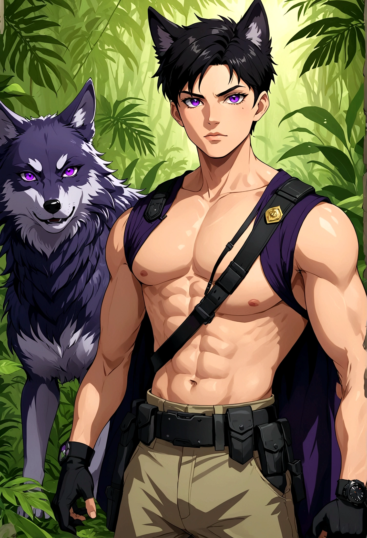 Jungle warrior,Handsome anime boy, Purple Eyes,Black short hair,Wolf ears,officer,Briefs,Special Forces,Chest muscles,action,watch