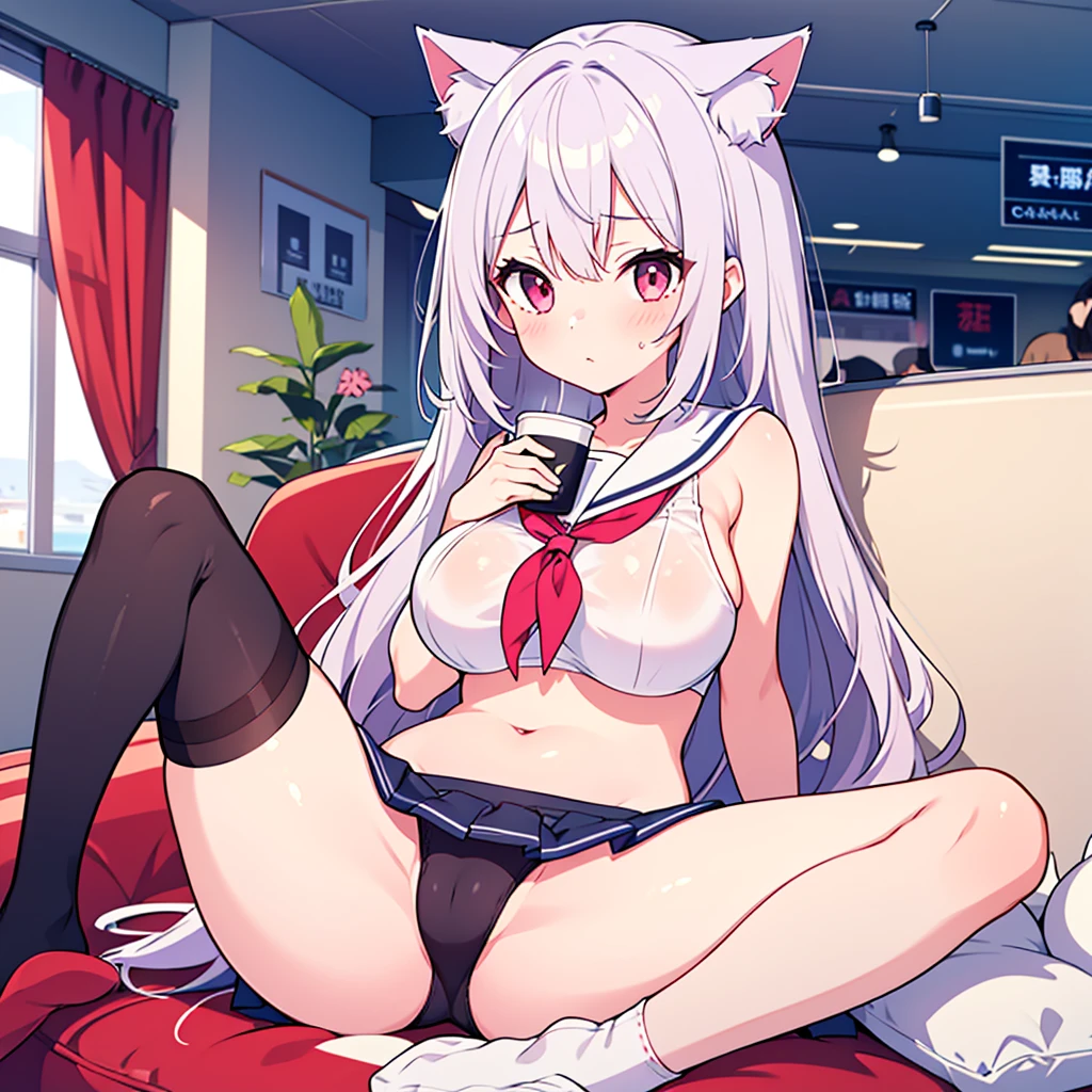 1 girl,High target,abdomen,Ultra-short sailor suit,Large Breasts,Room,Face is so red,Slim,Big breasts can hold the cup,Incredibly sexy,one person,Cat ear,full-body shot,mini skirt,Black socks,Reveals pink underwear,White hair,Legs wide open,AIRPORT,Stockings,Pull open the top