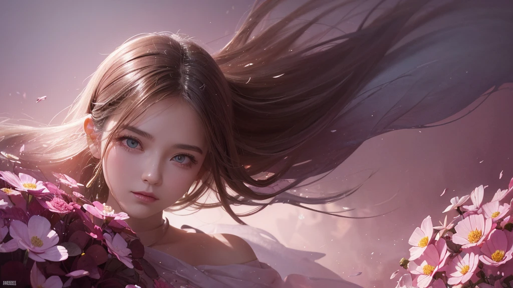 32k, Masterpiece, Highest quality, One girl, Detailed eyes, flower,Sandersonia, Pink and brown style,A dreamy, romantic piece,Pale pink, Mysterious Leaves,A playful arrangement,Fantasy,High Contrast,Ink strokes,explosion,Exposure, Impression of pink and brown tones,Abstract,((Watercolours by John Berkey and Jeremy Mann )) Brush strokes,Negative Space, Tyndall effect,