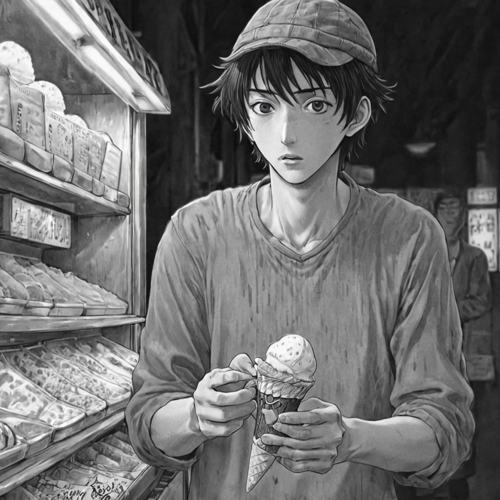 1man, ice cream seller (anime), bizarre scenario, Junji Ito, Yusuke Murata, black and white, 8k, anime, horror