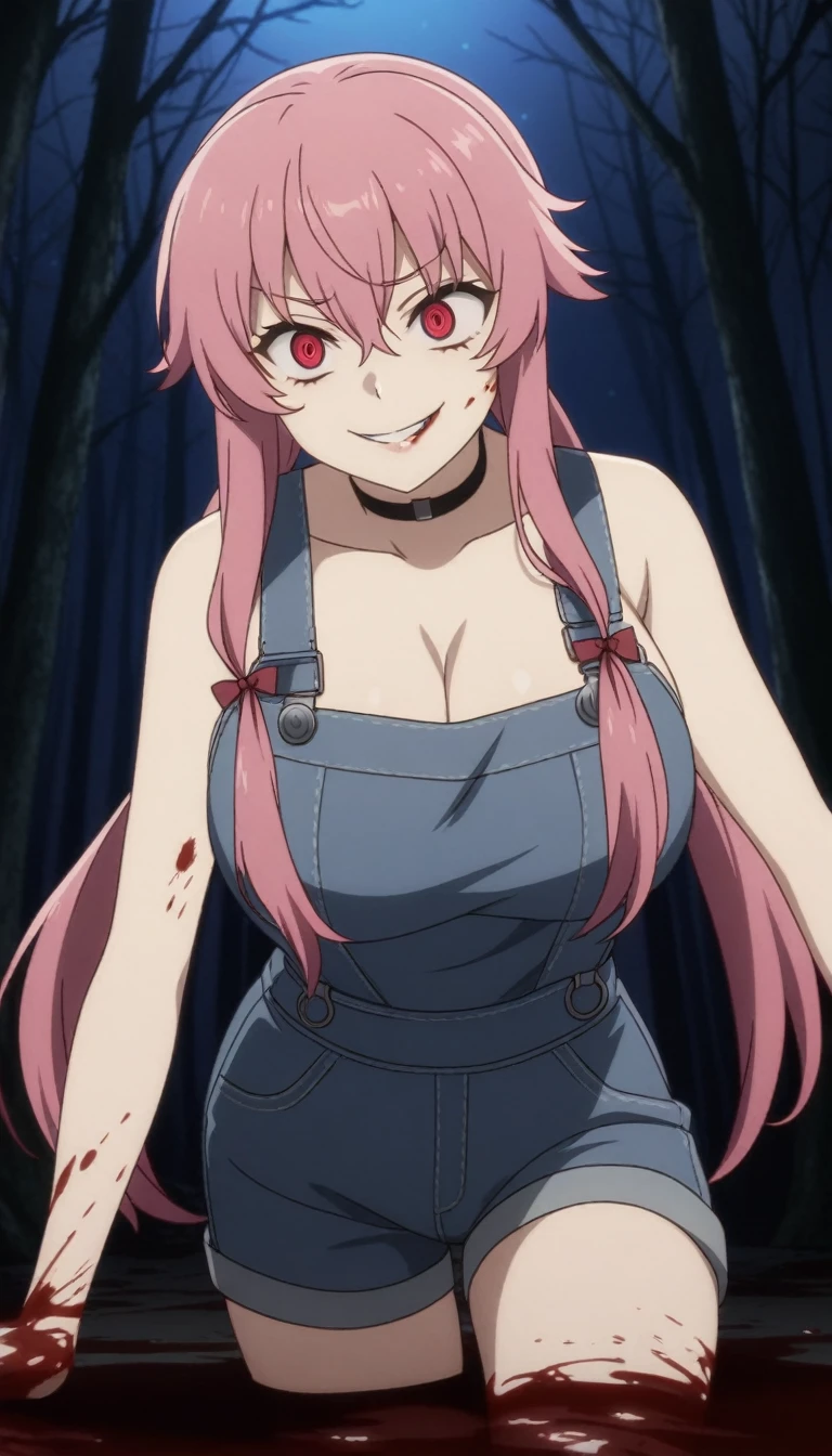 anime_still, masterpiece, best quality, 1girl, Gasai Yuno, long hair, pink hair, low twintails, smile, naked, red eyes, (large breasts:1.5),1girl, black choker, dark grey, (overalls:1.25), leather gloves, black boots, ((nigth:1.5)), (chasing you through the woods BY yuno gasai), moonlight, blood on floor, horror scane, (evil smile:1.4), (evil eyes:1.6), (horror_movies:1.5), (woods:1.6),(dark:1.7), (out_boors), blood on hands,blood stain