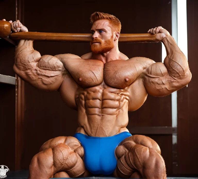 (perfect man:1.5), (ginger:1.2), slight beard, hairy, vascular, realistic, posing, muscle bimbo, wearing a black jockstrap, extraordinary attractive European man with radiant blue eyes, (muscular:1.5), ginger, (defined muscles:1.5), rippling chest,