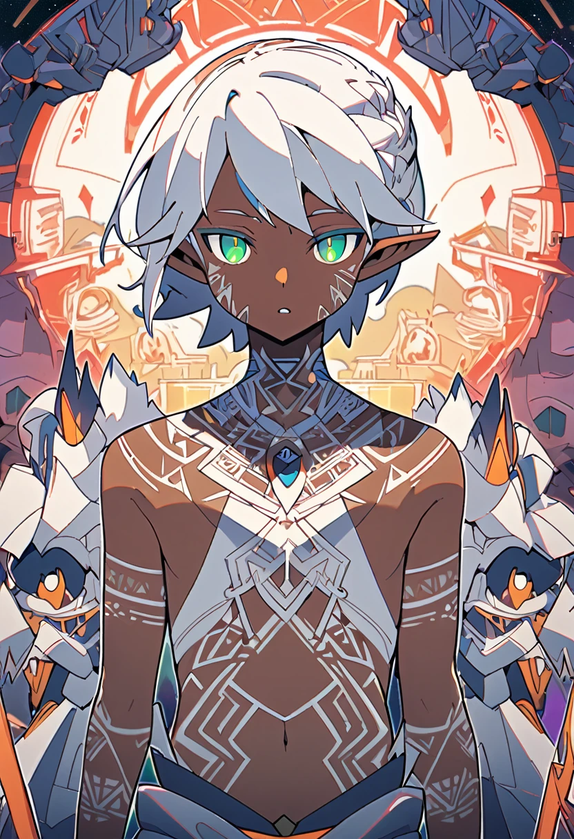 1boy, trap, wood elf, short white hair, green eyes, full lips, dark skin, white tribal tattoos, flat chest, thong, tribal bow, fantasy background, textured skin, UHD, UHD, UHD, UHD, award winning, high details, incredible high-key lighting and shadows, masterpiece, incredible illustration (anime style:1.5), modernism art, digital art pastel style