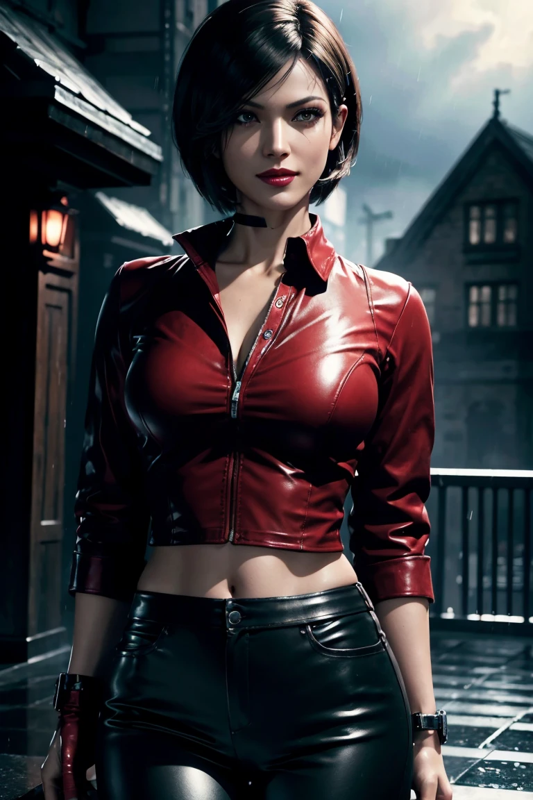 Resident Evil 6,Ada,Short Hair,Red Shirt,Stand up your collar,Black Leather Pants,Photorealistic,Ultra HD,high quality,masterpiece,Digital SLR,Detailed details,Intricate details,Anatomical basis,Depicted in detail,A detailed face,Realistic skin texture,Vivid details,Perfect Anatomy,Perfect Anatomy,Anatomically correct hand,Anatomically correct fingers,Super Detail,Complex 3D rendering,Sexy pose,Rainy Sky,Beautiful scenery,Fantastic rainy sky,Picturesque,Red Lip,smile,