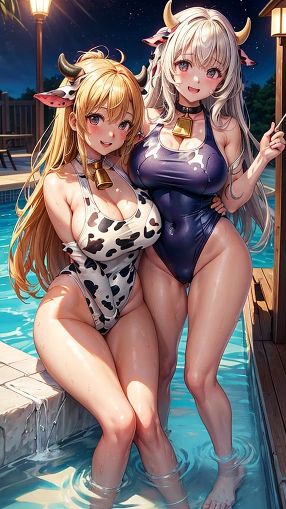 (highest quality)), ((masterpiece)), (Familiar), Perfect Face,Shiny skin,Beautiful breasts,Kyoto Animation style drawing,Shiny skin、hoodie、Sunburned skin、Sweat、Off the shoulder、((Cow print swimsuit))、Double teeth
、Young、Big Breasts、Embrace、hot spring、dark skin、close、near、Having popsicles、night、Blonde、