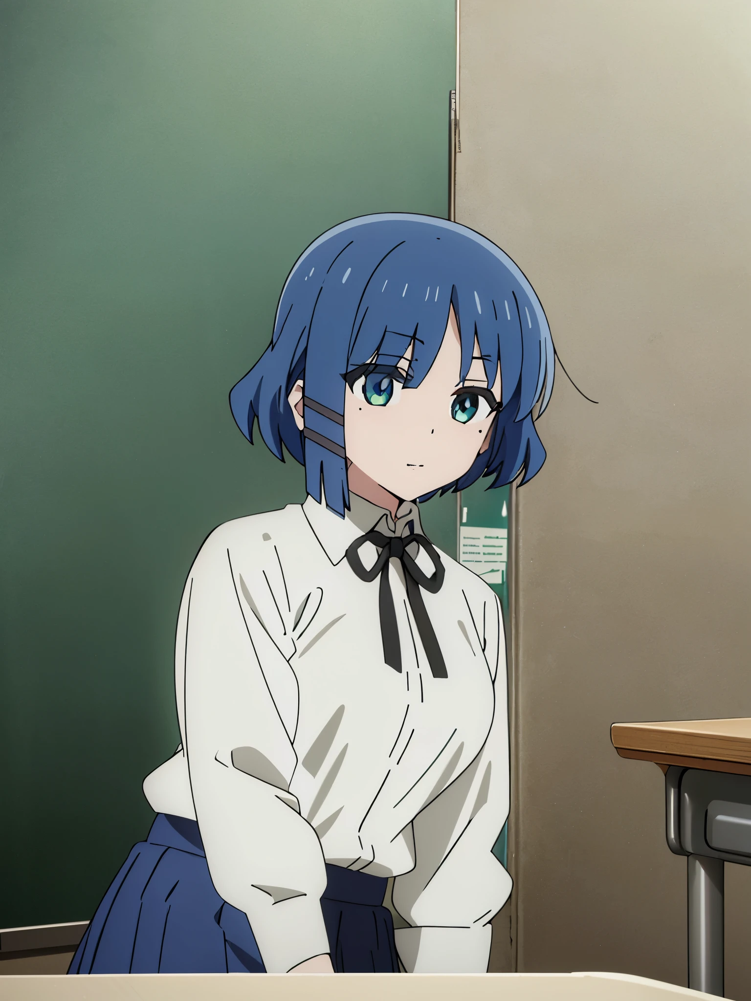 1girl, solo, high_quality, 8k, masterpiece, defined_pupil, vivid_colors, (high_quality_eyes:1.1),
(classroom_background:1.2), bookshelf,
looking_at_viewer, (sitting:1.2),
blushed, happy, closed_mouth,
(white_collared_shirt:1.3), (blue_skirt:1.2), (black_neck_ribbon:1.2),
thighs, defined_ass,
(medium_breasts:1.3), perfect_breasts, sexy_body, hairclip, mole, mole_under_eye, short_hair, bangs, blue_hair,