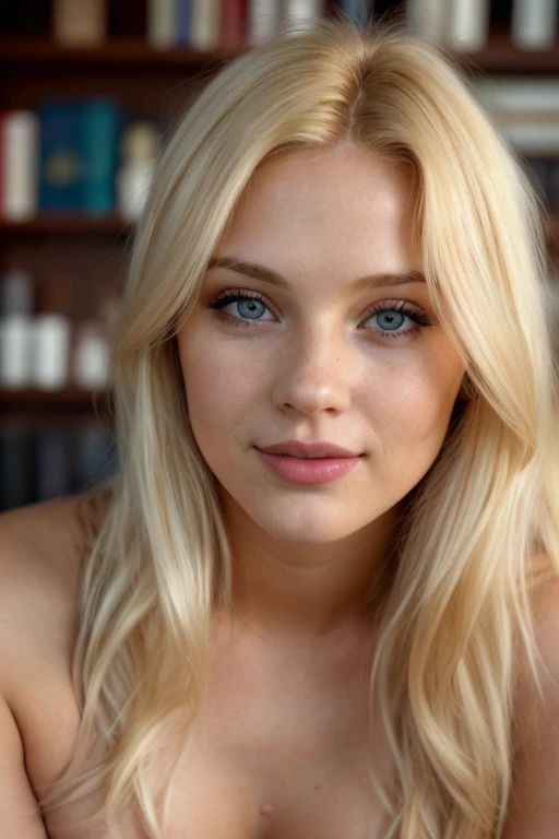 (Portrait, editorial photograph of a 24 year old woman), (highly detailed face:1.4) (big boobs) (blonde hair) (smile:0.9) (background inside bright, moody, private study:1.3) POV, by lee jeffries, nikon d850, film stock photograph ,4 kodak portra 400 ,camera f1.6 lens ,rich colors ,hyper realistic ,lifelike texture, dramatic lighting , cinestill 800,