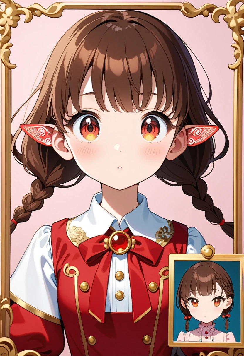 front，ID photo，An anime girl wearing a red skirt and black，She has brown hair and eyes。Her hair was tied into two small braids.，And wearing red flower ornaments on the ears。She wears a white blouse，It has gold buttons and pink cuffs.。Clean and tidy style