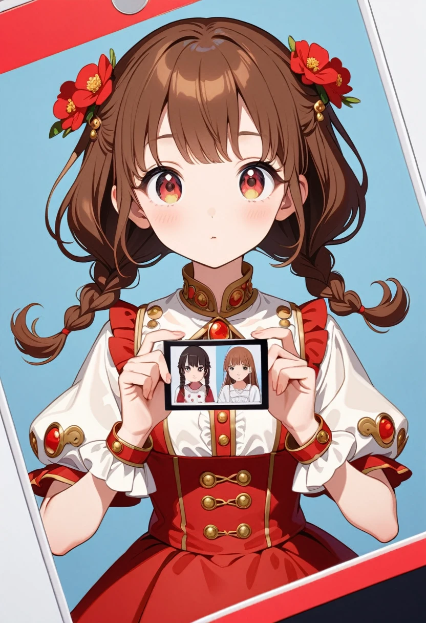 front，ID photo，An anime girl wearing a red skirt and black，She has brown hair and eyes。Her hair was tied into two small braids.，And wearing red flower ornaments on the ears。She wears a white blouse，It has gold buttons and pink cuffs.。Clean and tidy style