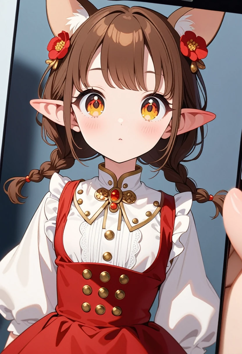 front，ID photo，An anime girl wearing a red skirt and black，She has brown hair and eyes。Her hair was tied into two small braids.，And wearing red flower ornaments on the ears。She wears a white blouse，It has gold buttons and pink cuffs.。Clean and tidy style