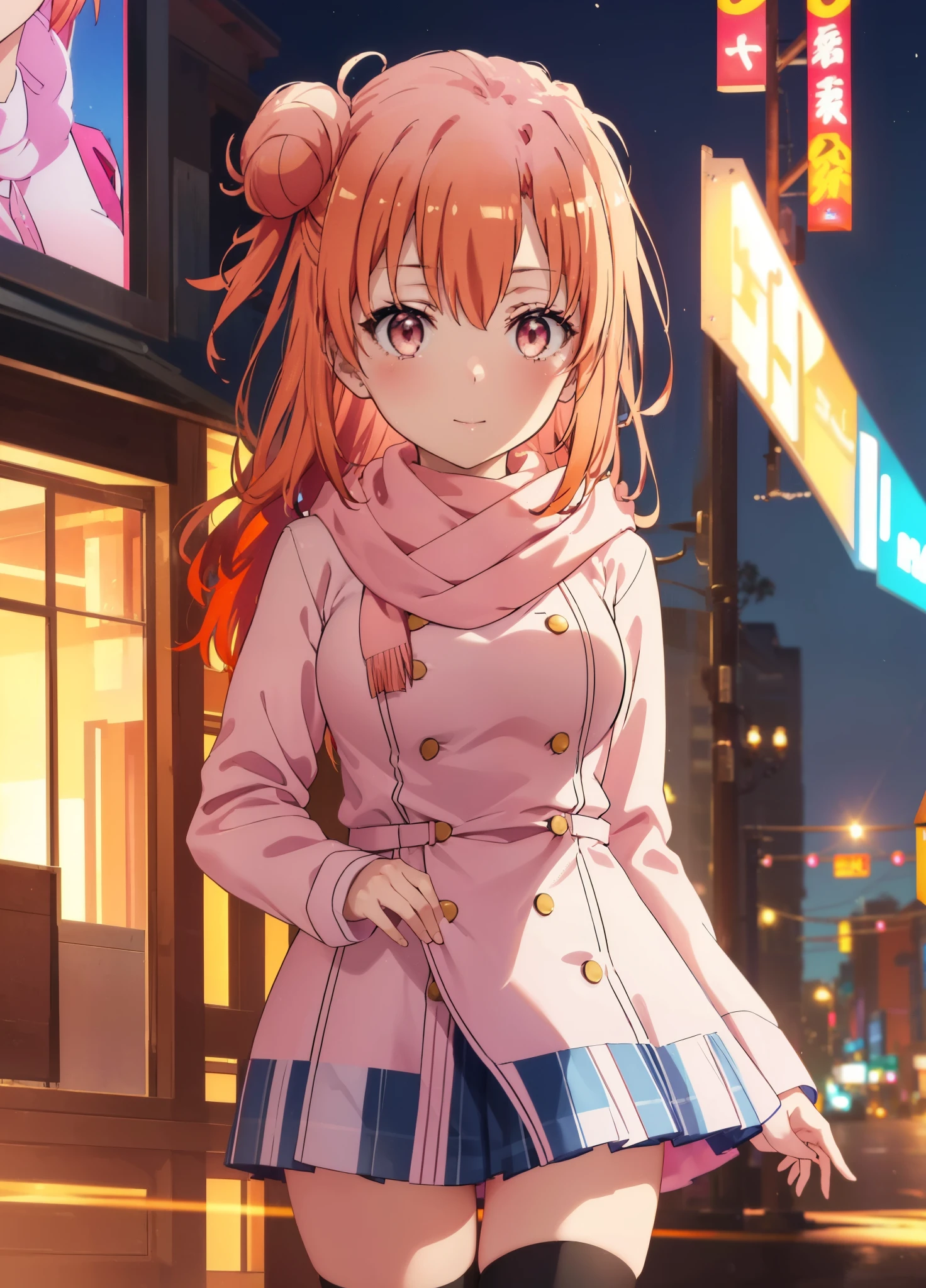 yuiyuigahama, yui yuigahama, Long Hair, (Pink Eyes:1.5), (Orange Hair:1.2), Hair Bun, single Hair Bun,blush, smile, (:1.2),Red scarf,Pink long coat　Open the button,White sweater,Short Band,Black knee-high socks,short boots,evening,sunset,
break outdoors,city,Building Street,
break looking at viewer,Peeking from above, (Cowboy Shot:1.5),
break (masterpiece:1.2), Highest quality, High resolution, unity 8k wallpaper, (shape:0.8), (Beautiful and beautiful eyes:1.6), Highly detailed face, Perfect lighting, Highly detailed CG, (Perfect hands, Perfect ),