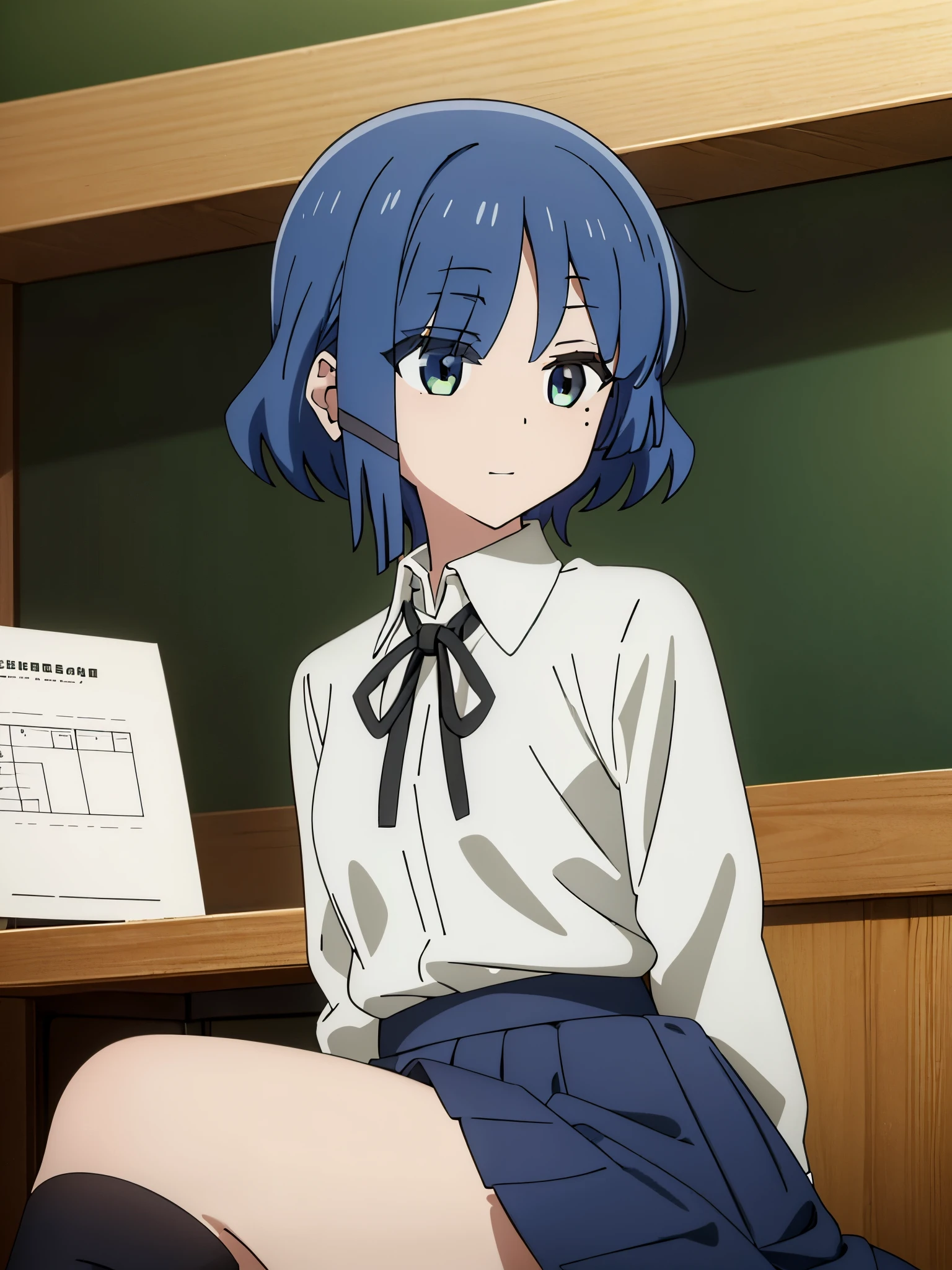  1girl, solo, high_quality, 8k, masterpiece, defined_pupil, vivid_colors, (high_quality_eyes:1.1), 

(classroom_background:1.2), bookshelf,

looking_at_viewer, (sitting:1.2), 

blushed, happy, closed_mouth,

(white_collared_shirt:1.3), (blue_skirt:1.2), (black_neck_ribbon:1.2),

thighs, defined_ass,

(medium_breasts:1.3), perfect_breasts, sexy_body, hairclip, mole, mole_under_eye, short_hair, bangs, blue_hair, 